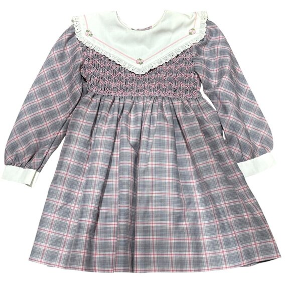 Vintage Polly Flinders Girls Plaid Smocked Dress With Lace Collar & Bow Belt Siz - Picture 1 of 5